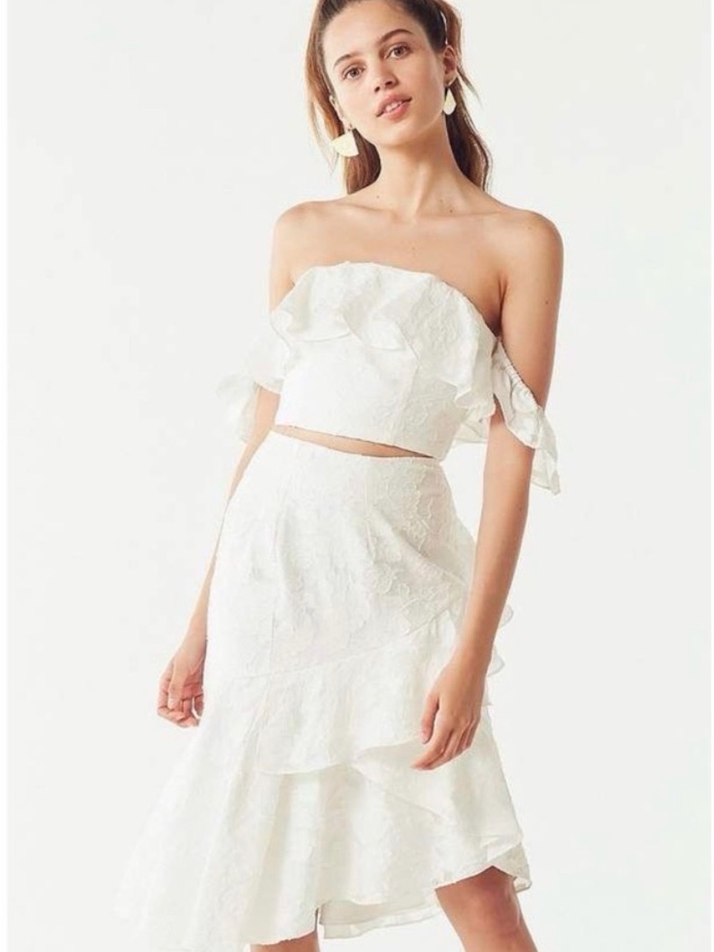 Revolve Keepsake Radar Ivory Off-Shoulder Ruffle Two-Piece Set
